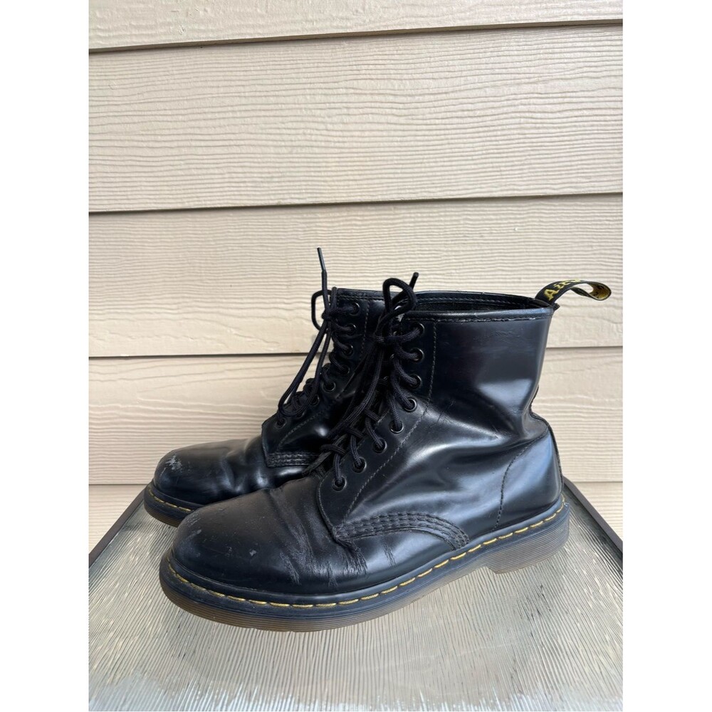 Dr. Martens Black Leather 8-Eye Combat Boots with Yellow Welt Stitching